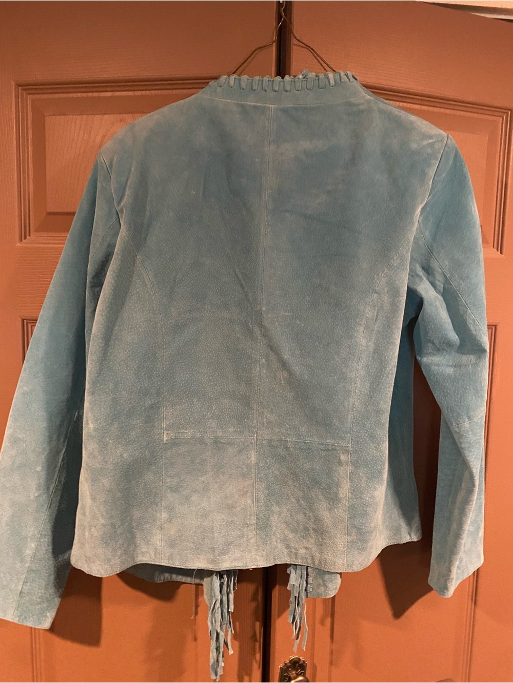 Dialogue Boho or Southwestern Turquoise Color Suede Fringe Open Front Jacket - Picture 4 of 6